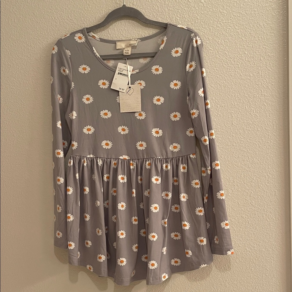 Grey Daisy-Print Long Sleeve Peplum Tunic